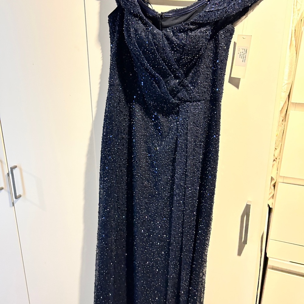 Teri Jon Navy Glitter One Shoulder Maxi Dress